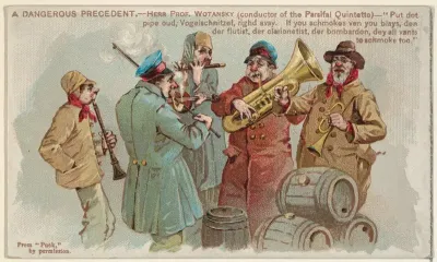 A Dangerous Precedent, from the Snapshots from "Puck" series (N128) issued by Duke Sons & Co. to promote Honest Long Cut Tobacco
