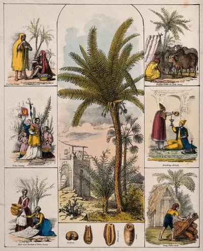 A date palm tree (Phoenix dactylifera) and segments of the fruit bordered by six scenes illustrating its use by man