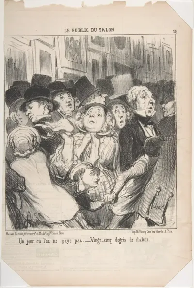 A Day When You Do Not Pay–Twenty-Five-Degree Heat (Un jour ou l'on ne paye pas. Vingt-cinq degres de chaleur ), from Le Public du Salon, published in Le Charivari, May 17, 1852