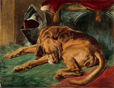 A dead bloodhound lying on a rug next to a helmet and a loom