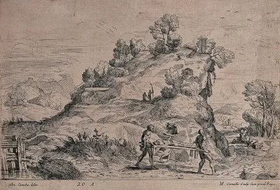A dead man is carried on a bier with a distressed woman walking alongside