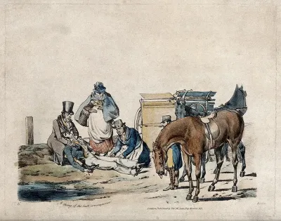 A dead or injured young horse-rider is tended by two men and a lady looking on