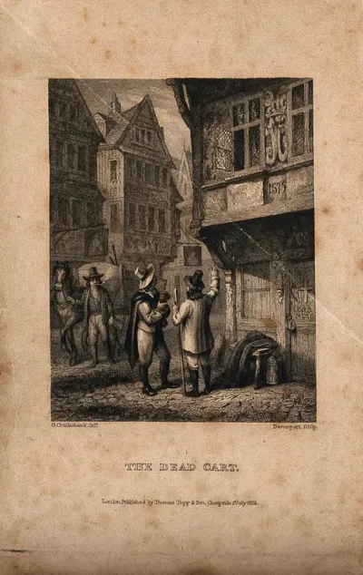 A death cart in a street in London during the great plague