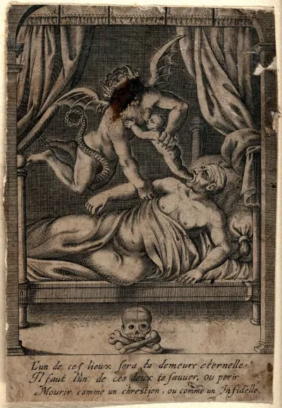 A deathbed: a man breathes his last, the devil flies down and grabs his soul (in the form of a baby) from his mouth