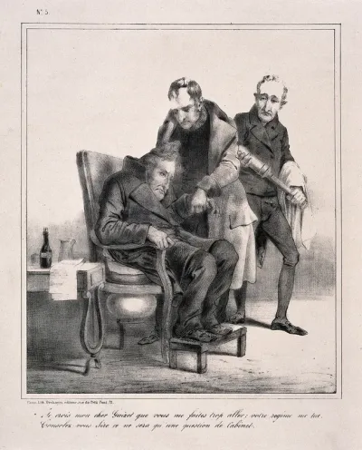 A decrepit Louis-Philippe is made ready for an enema by François Guizot; symbolising Guizot's domination of the French government towards the end of the July monarchy