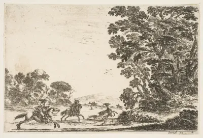 A deer hunt, two horsemen galloping towards the left behind three dogs and a deer, a group of trees to right, plate 4 from "Various Figures" (Agréable diversité de figures)