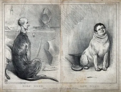 A deerhound and a terrier with human heads in domestic settings
