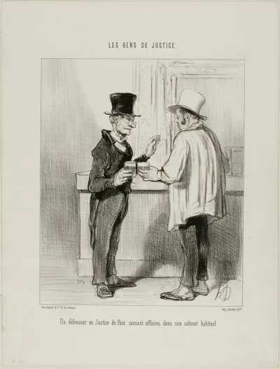 A defence lawyer at the Court of Arbitration discussing business at his usual office premises, plate 27 from Les Gens De Justice