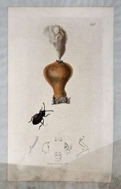 A dehiscing puffball (Lycoperdon species) with an associated beetle and its anatomical segments