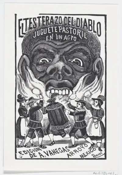 A demon breathing fire and people running around in the foreground, illustration for 'El Testerazo del Diablo,' published by Antonio Vanegas Arroyo
