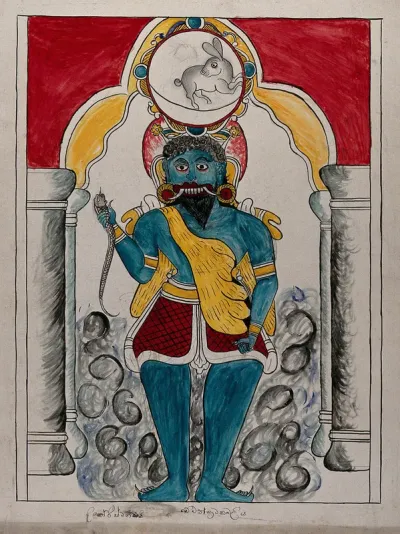 A demon holding a snake in his right hand