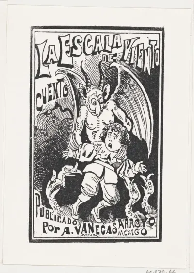 A demon holding a young boy by his shoulders over a group of vultures, illustration for 'La Escala de Viento'