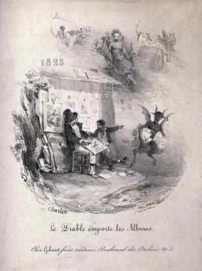 A demon stealing albums from a print-seller's stall