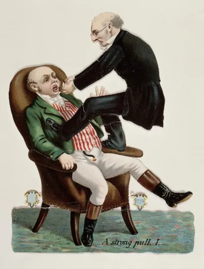 A dental surgeon standing on the arm of a chair and pressing his foot against a man's chest to enable him to extract a tooth from his mouth
