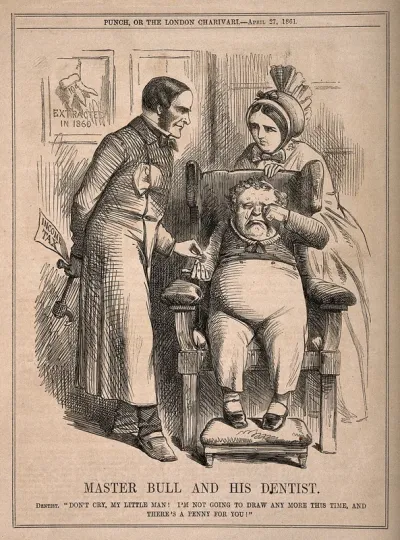 A dentist giving John Bull a penny after extracting a tooth; representing the effects of income tax on Great Britain