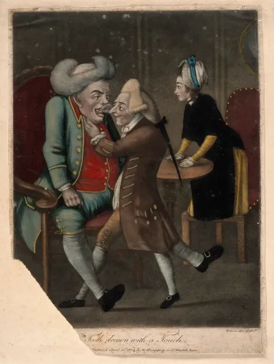 A 'dentiste' extracting the tooth of a large well dressed gentleman