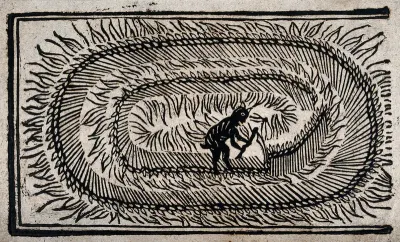 A devil hacks a field with a scythe