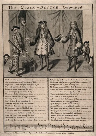A devil (in human guise) deceiving and tricking an itinerant medicine vendor who proclaims to cure all ailments