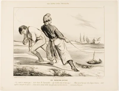 A Difficult Navigation. “- The boat doesn't move! Pull Dumouchel, pull.... why the devil don't you pull! - But I am doing nothing else than that for the last three hours!.... and this is called a pleasure trip! I'd rather sell my prunes in rue de la 