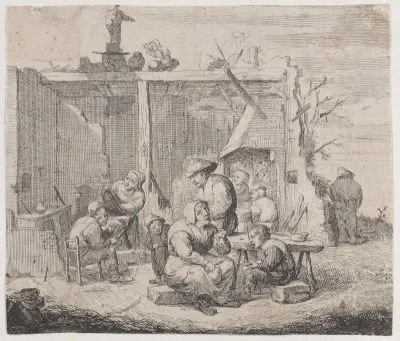 A dilapidated building with eight peasants engaged in various activities