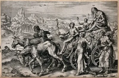 A dilapidated hay wain, pulled by emaciated donkeys (Mental and Physical Weakness) is driven by a young man (Torpor) and carries two women in rags (Poverty and Humility) while three women (Fragility, Patience and Servitude) accompany the cart; repres
