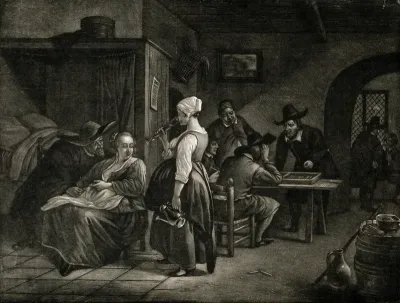 A dingy tavern with backgammon players and an amorous couple observing a pregnant woman as she drinks