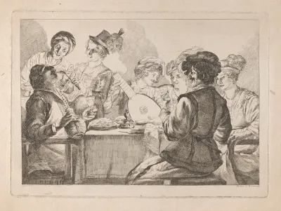 A dinner party: a young man plays the lute while a young woman puts a piece of meat into the mouth of the man at the head of the table