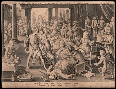 A dinner party is interrupted by the appearance of Death who has captured a lady with his chain