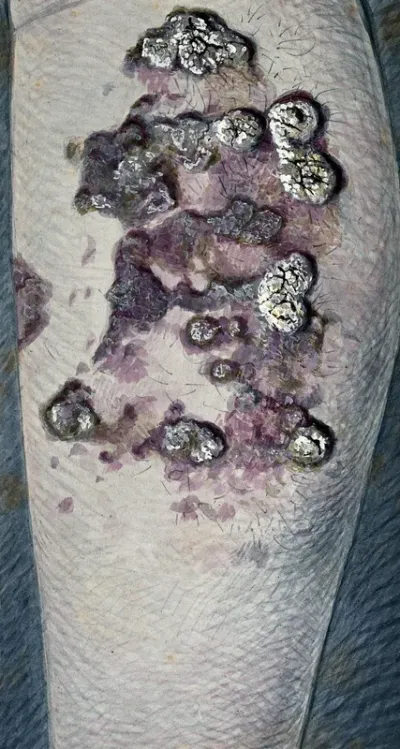 A diseased limb: open, infected sores caused by a deficiency disease
