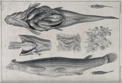 A disembowelled fish with details of its intestines, reproductive organs, roe and milt
