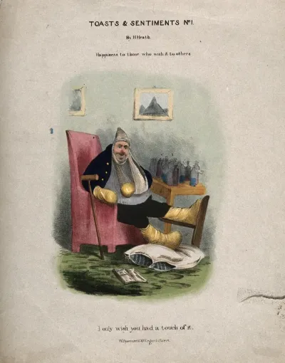 A disgruntled gouty man with all limbs bandaged, a table covered in medicine bottles is next to him