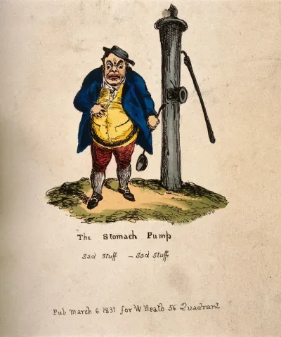 A disgruntled portly man standing next to a town water pump holding a ladle and rubbing his stomach as if in pain