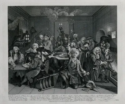 A dishevelled Tom Rakewell in the gambling house, the obsessed gamblers are unaware of a fire breaking out in the wainscoting