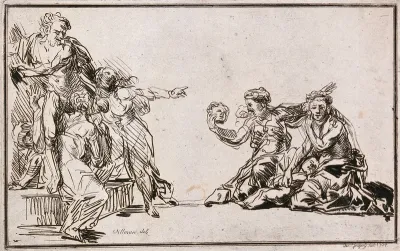 A distressed woman cradles the body of a dying child in her arms while another woman holds a mask in her right hand