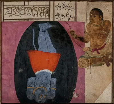 A div (demon) is bound and cast into cave by a woman