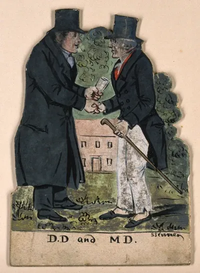 A divine and a physician shaking hands on meeting