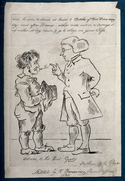A doctor advising a poor and wretched looking man, his recommendations revealing his ignorance of the social circumstances of the patient