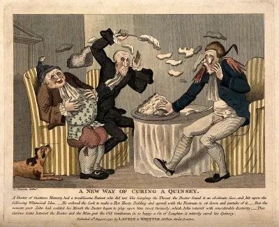A doctor and footman hurling pudding at each other in an attempt to make the obese patient laugh in order to cure his quinsey