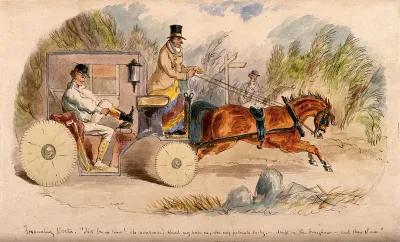 A doctor changing into hunting clothes in his carriage, on his way to a hunt meeting