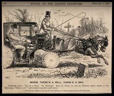 A doctor changing into hunting clothes in his carriage while rushing to join a fox-hunt