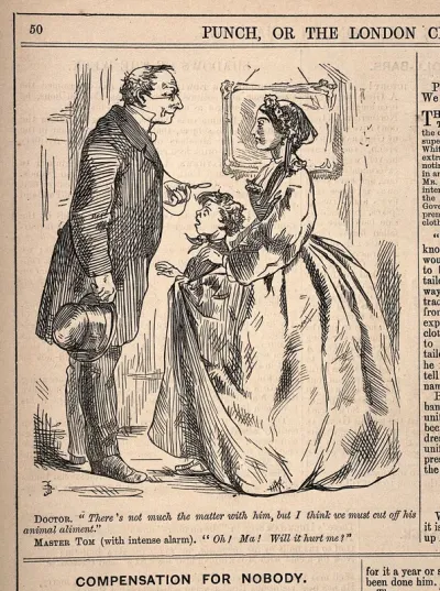 A doctor examining a boy patient who is with his mother, recommends abstinence from meat and dairy products: the boy misunderstands the remedy