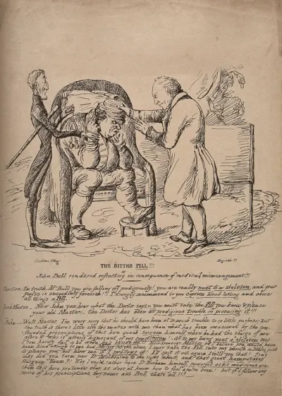 A doctor examining a disgruntled patient, John Bull, who is being reassured by his master