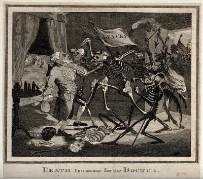 A doctor failing to hold death at bay from his patient; represented by a group of skeletal death figures one of whom is grabbing the doctor by the throat; the terrified patient looks on from the bed