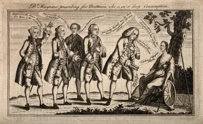 A doctor giving a woman some medicine in front of a group of disagreeing men; representing Dr