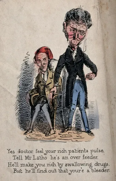 A doctor is taking the pulse of a sick man seated in an armchair