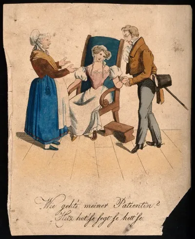 A doctor (Joseph Chelius) takes the pulse of a young woman who warms to his presence