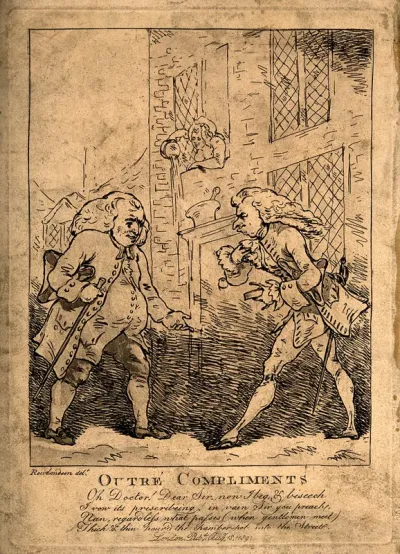 A doctor meeting a patient, a woman pours a chamber-pot into the street