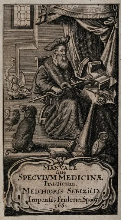 A doctor (Melchior Sebisch the younger?) seated holding the staff of Aesculapius; a dog, a cockerel, an owl and a dragon next to him