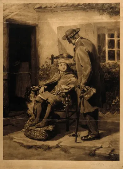 A doctor placing his hand on the head of a sick boy, outside a country cottage