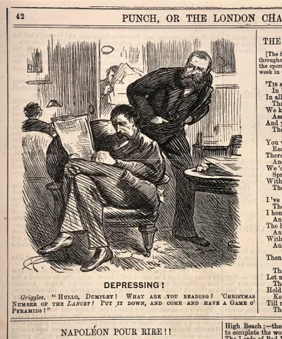 A doctor reading the 'Lancet' in a gentleman's club: another member states it is boring, and suggests they play billiards which the doctor would find more boring